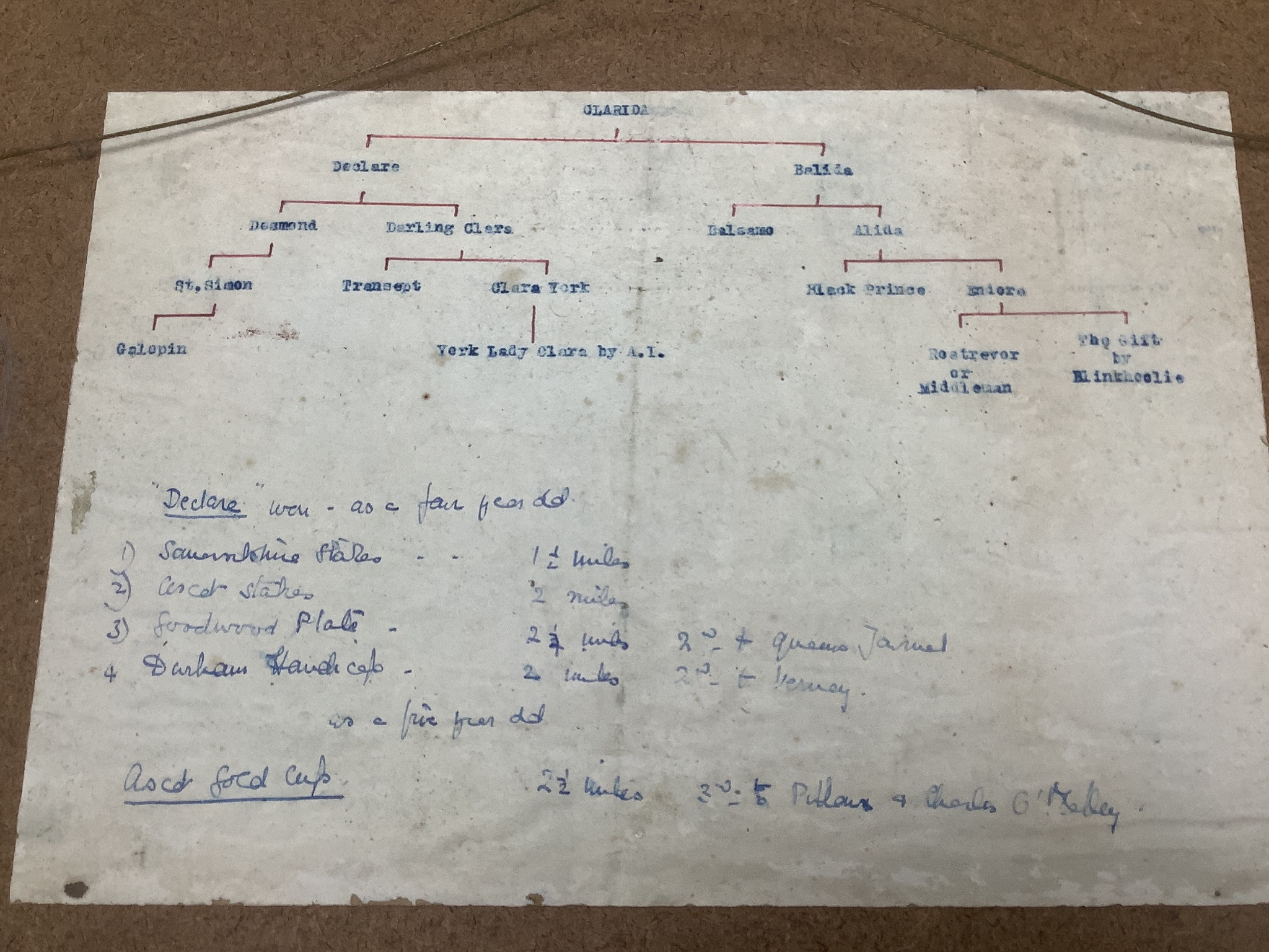 D M & E M Alderson, pair of watercolours, Portraits of racehorses c.1943/48 raced at Calcutta, together with a group of related photographs and ephemera, signed and dated, 38 x 52cm